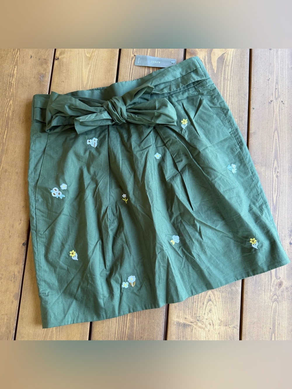 J.Crew Olive Green Floral Embroidered Bow Waist Mini Skirt Size 6 Preppy NWT